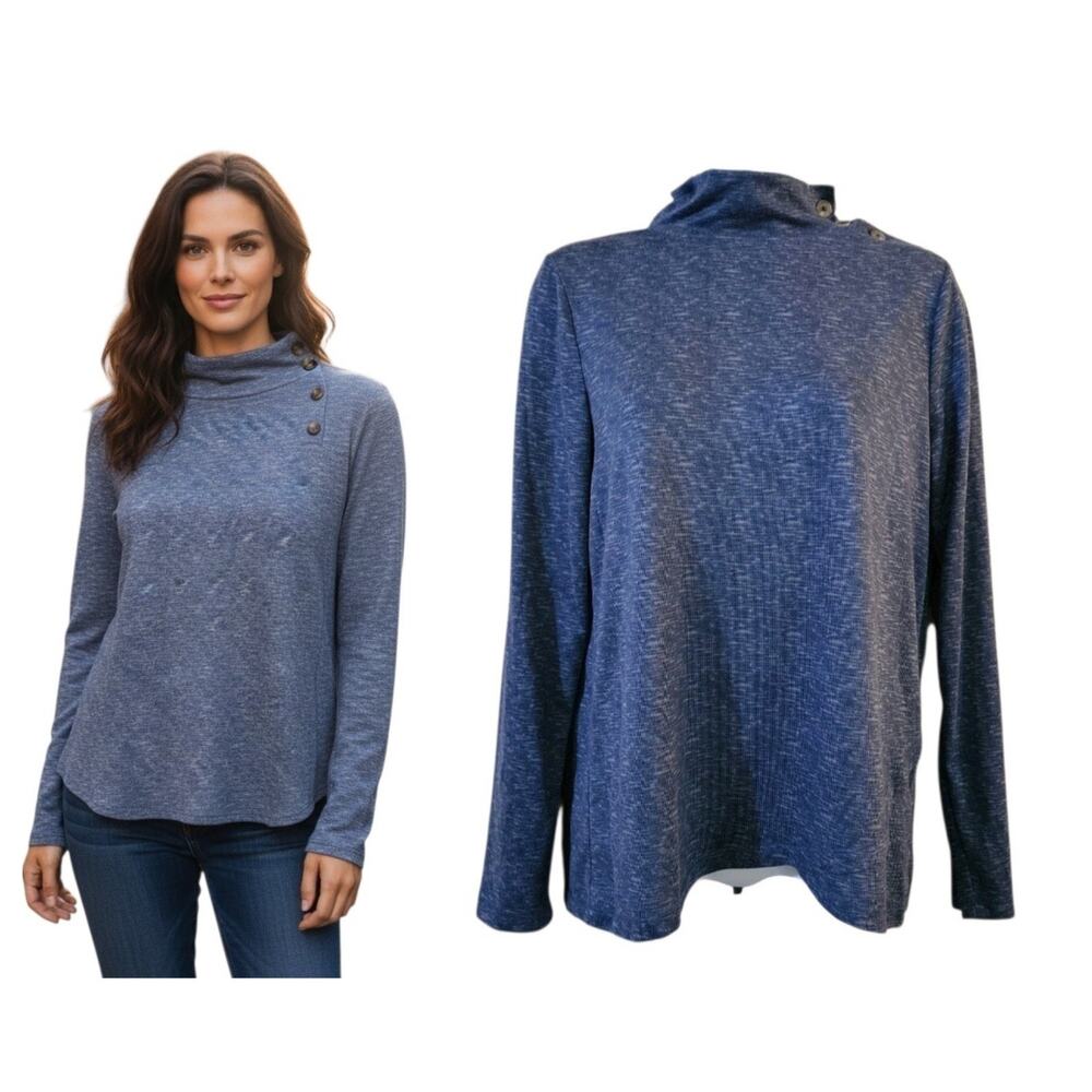 St Johns Bay Womens Knit Mock Neck Top Size M Blue Long Sleeve Button Shoulder